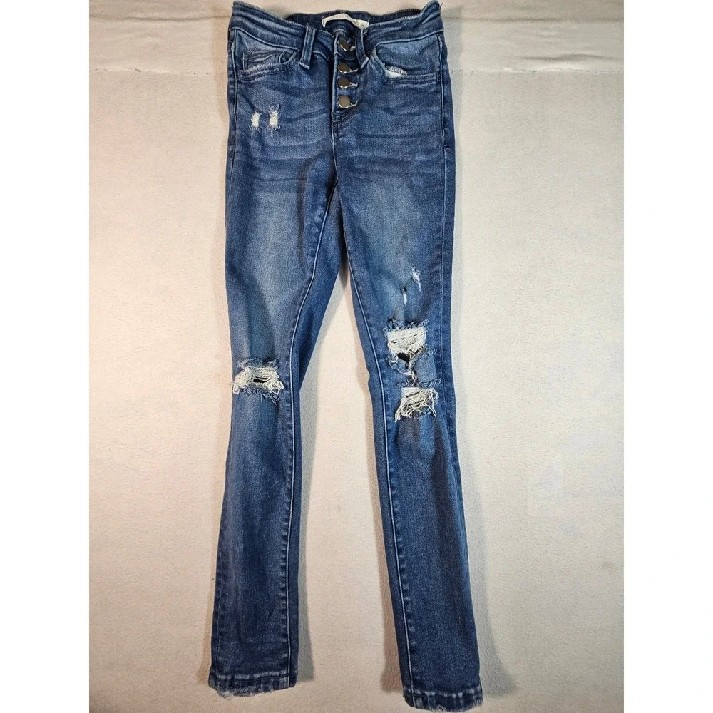 Altar'd State Distressed Skinny Jean Blue Button Fly High Rise T5069-F24 Size 24